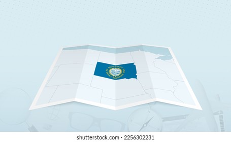 Map of South Dakota with the flag of South Dakota in the contour of the map on a trip abstract backdrop. Travel illustration.