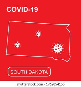 Map of South Dakota State labeled "Epidemic and Quarantine." White outline map of South Dakota State on a red background. Vector illustration of a virus, coronavirus, epidemiology.
