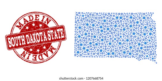 Map of South Dakota State vector mosaic and Made In grunge stamp. Map of South Dakota State formed with blue engine connections. Made in red seal with grunge rubber texture.