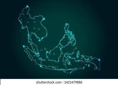 Map Of South East Asia - Abstract Mash Line And Point Scales On Dark Gradient Background. Wire Frame 3D Mesh Polygonal Network Line, Design Sphere, Dot And Structure. Vector Illustration Eps 10