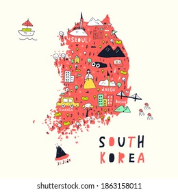 map of South Korea in cartoon hand drawn modern style vector illustration. Illustrated map of South Korea in handdrawn cute doodle style. Cartography concept. Tourism guide concept. Travel concept.