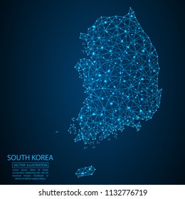 A map of South Korea consisting of 3D triangles, lines, points, and connections. Vector illustration of the EPS 10.