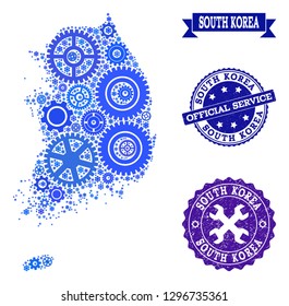 Map of South Korea designed with blue engine symbols, and isolated grunge watermarks for official repair services.
