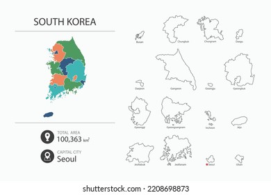 Mapa de Corea del Sur con un mapa detallado del país. Mapa de elementos de ciudades, áreas totales y capital.