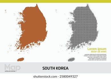 A map of South Korea in dual designs, featuring brown solid details and black abstract dotted patterns, isolated on a white background