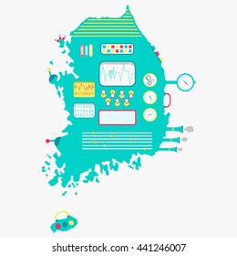 Map of South Korea engine. Machine with buttons, panels and levers. Isolated. White background.