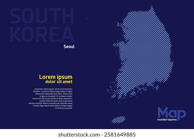 Map of South Korea featuring rounded squares with light blue color. The name of the capital marked with a red square. Isolated on a dark blue background. Perfect for various design projects
