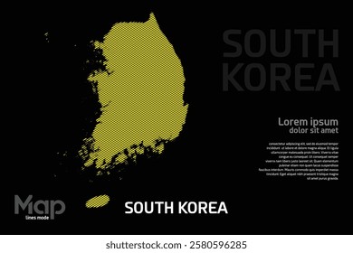 Map of South Korea featuring yellow geographic lines, isolated on a black background. Perfect for various design projects.
