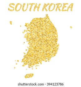 Map of SOUTH KOREA  in golden. With gold yellow particles and dots. Glitter background.