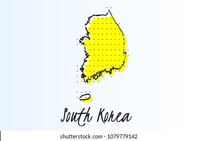 Map of South Korea, halftone abstract background. The black dots on a yellow background. drawn border line. vector illustration