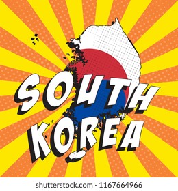 map of south korea with national flag in retro comic pop art style on colorful background with radial lines