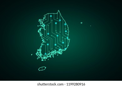 Map of South Korea, network line, design sphere, dot and structure on dark background with Map South Korea, Circuit board. Vector illustration. Eps 10