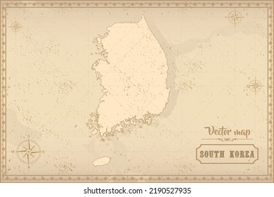 Mapa de Corea del Sur en el viejo estilo, gráficos marrones en estilo retro de fantasía