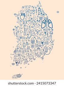 Mapa de Corea del Sur - República de Corea - formado por íconos relacionados con la medicina y el sistema de salud. SUS. Salud pública