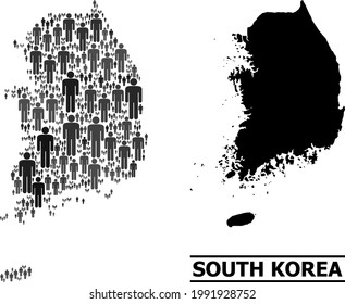 Map of South Korea for social doctrines. Vector demographics collage. Abstraction map of South Korea composed of social icons. Demographic scheme in dark gray color tinges.