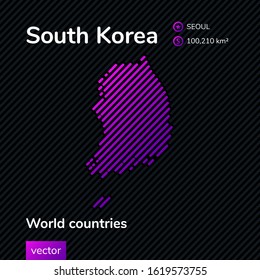 Map of South Korea. Vector creative digital neon flat line art abstract simple map with violet, purple, pink striped texture  on black background. Educational banner, poster about South Korea