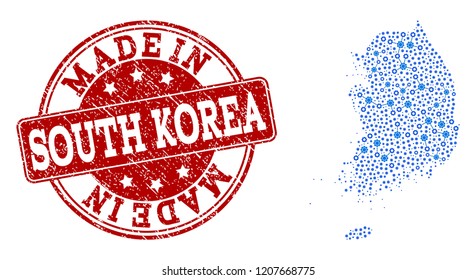 Map of South Korea vector mosaic and Made In grunge stamp. Map of South Korea designed with blue gear relations. Made in red seal with scratched rubber texture.