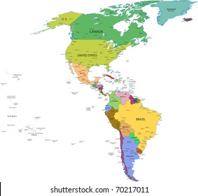 Map of south and north america with countries, capitals and major cities