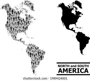 Mapa de América del Sur y del Norte para las proclamaciones demográficas. Collage de población de vectores. Mapa conceptual de América del Sur y del Norte construido con pictogramas de tipo.