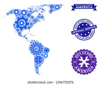 Map of South and North America designed with blue engine symbols, and isolated scratched watermarks for official repair services.
