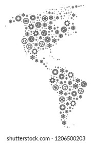 Map of South and North America formed with gray gear symbols. Vector abstract collage of map of South and North America with mechanics symbols. Engineering flat design for technology illustrations.