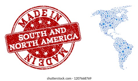 Map of South and North America vector mosaic and Made In grunge stamp. Map of South and North America formed with blue wheel links. Made in red seal with retro rubber texture.