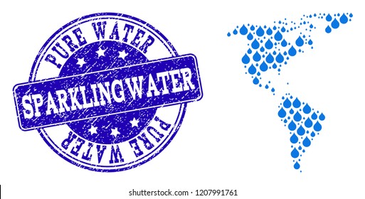 Map of South and North America vector mosaic and Pure Water grunge stamp. Map of South and North America designed with blue liquid tears. Seal with grunge rubber texture for pure drinking water.
