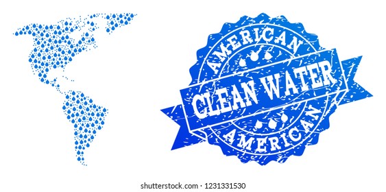 Map of South and North America vector mosaic and clean water grunge stamp. Map of South and North America formed with blue aqua tears. Seal with unclean rubber texture for clean drinking water.