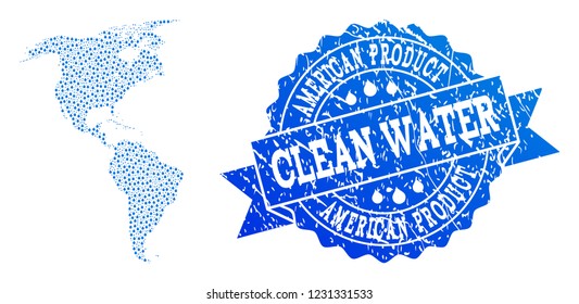 Map of South and North America vector mosaic and clean water grunge stamp. Map of South and North America designed with blue water tears. Seal with unclean rubber texture for clean drinking water.