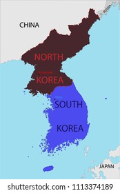 Map of South and North Korea with the borders of neighboring states. With the name of capitals