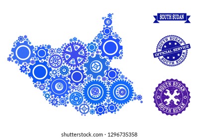 Map of South Sudan designed with blue engine symbols, and isolated grunge stamps for official repair services. Vector abstract collage of map of South Sudan with industry symbols in blue shades.