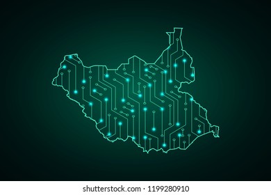 Map of South Sudan, network line, design sphere, dot and structure on dark background with Map South Sudan, Circuit board. Vector illustration. Eps 10