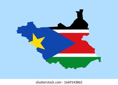 Map of South Sudan on a blue background, Flag of South Sudan on it.