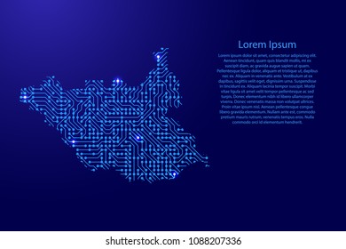 Map South Sudan from printed board, chip and radio component with blue star space on the contour for banner, poster, greeting card. Computer electronics processor motherboard. Vector illustration. 