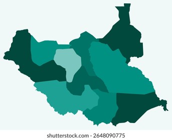 Map of South Sudan with regions. Just a simple country border map with region division. Teal color palette. Plain South Sudan shape with administrative division. Vector illustration.