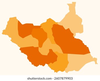 Map of South Sudan with regions. A simple country border map with regional divisions. Orange color palette. Blank South Sudan shape with administrative division. Vector illustration.