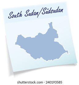 Map of South Sudan as sticky note in blue