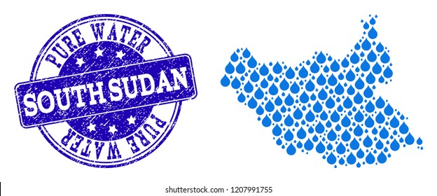 Map of South Sudan vector mosaic and Pure Water grunge stamp. Map of South Sudan composed with blue liquid raindrops. Seal with grunge rubber texture for clear drinking water.