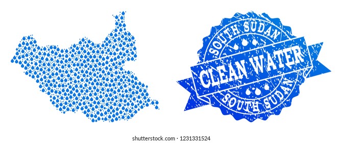 Map of South Sudan vector mosaic and clean water grunge stamp. Map of South Sudan formed with blue liquid drops. Seal with grunge rubber texture for clean drinking water.