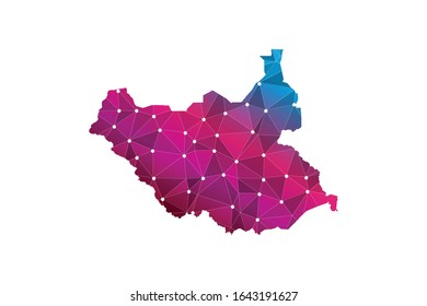 Mapa del sur de Sudán. Línea de red poligonal, esfera de diseño, punto y estructura de malla 3D de marco de cable. mapa de comunicaciones del sur de Sudán. Ilustración vectorial EPS10.