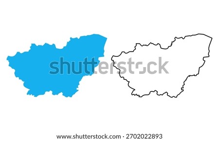 Map of South Yorkshire, an administrative county of England. Map with detailed outlines and blue silhouettes