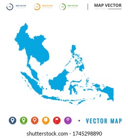 Map of Southeast Asia blue and set pin icon.