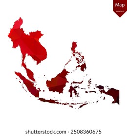 Mapa del sudeste asiático - rojo geométrico arrugada triangular, diseño poligonal. Ilustración vectorial eps 10.