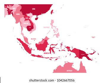 Map of Southeast Asia. Vector map in shades of maroon.