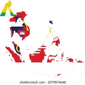 Map of Southeast region of Asia countries with national flag