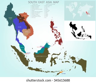 Map of Southeastern Asia divided by the countries /Country names and capital A caption The black and white images tell spot on the world map.