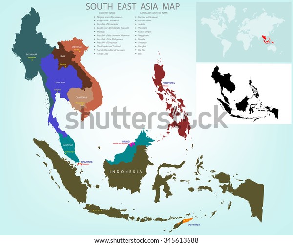 Map of Southeastern Asia divided by the countries\
/Country names and capital A caption The black and white images\
tell spot on the world\
map.