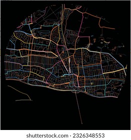 Map of Southend-on-Sea, East of England with all major and minor roads, railways and waterways. Colorful line art on black background.