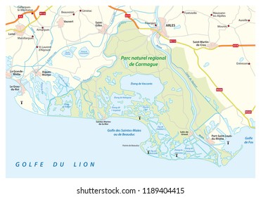 Map of the Southern French Regional Natural Park Camargue, France.