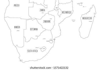 Map of Southern part of Africa. Handdrawn doodle style. Vector illustration.